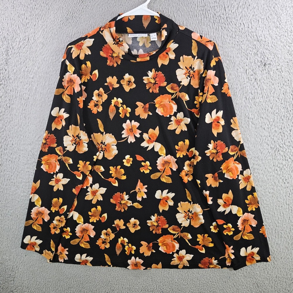 Susan Graver Liquid Knit Mock Neck Floral Top Black Orange XL Long Sleeve